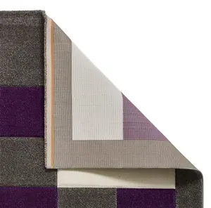 Grey Purple Modern Easy to Clean Bordered Chequered Geometric Rug For Dining Room-80cm X 150cm