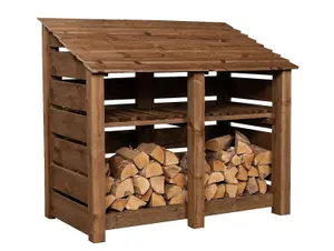 Slatted wooden log store with kindling shelf W-146cm, H-126cm, D-88cm - brown finish