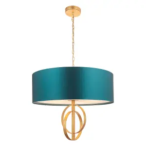 Antique Gold Ceiling Pendant Light & Teal Satin Shade - 5 Bulb Hanging Fitting