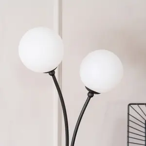 ValueLights Velika Black 2 Way Double Bedside Table Lamp with White Frosted Glass Globe Shades