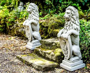 Pair of Large Garden Gateway Lion Statues with shields