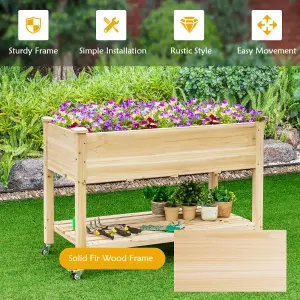 Costway Raised Garden Bed Wood Elevated Planter Bed w/Lockable Wheels Shelf & Liner