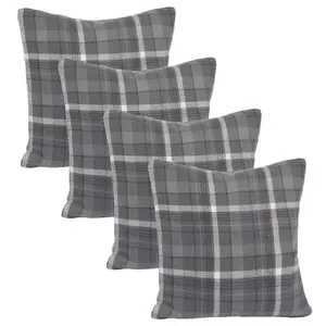 Woven Check Cushion Covers Tartan Pack of 4 Pillow, 45 x 45cm - Charcoal