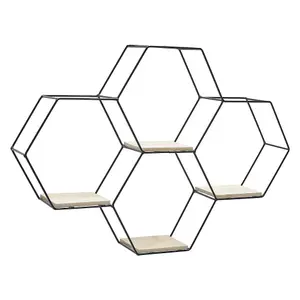 4 Compartments Modern Floating Hexagon Wall Shelf Intersecting Shelves with Iron Frame