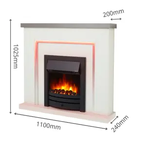 Bempton Electric Fireplace Suite - Grey top, White hearth, Black fire.