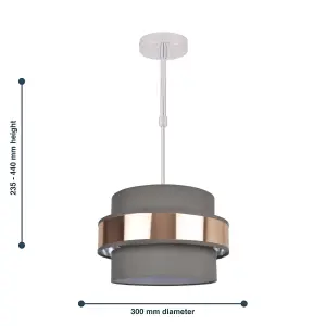 First Choice Lighting 2 Tier Grey Fabric & Brushed Copper Plated Banded Ceiling Adjustable Flush Shade