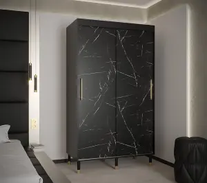 Bergen Contemporary 2 Sliding Door Wardrobe Gold Handles Marble Effect 5 Shelves 2 Rails Black (H)2080mm (W)1200mm (D)620mm