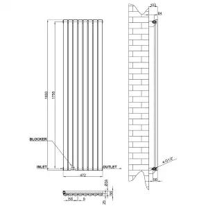 Vertical Black Single Oval Panel Radiator (H)1800mm x (W)472mm, 5012 BTU.