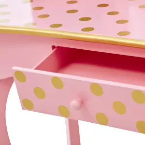 Teamson Kids Dressing Table, Play Vanity Set with Mirror & Stool - Pink/Gold/Polka Dots