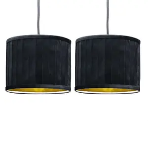 First Choice Lighting Set of 2 Sundance Black Velvet Pleated 25cm Lamp Shades with Gold Inner