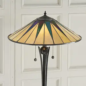 Luminosa Dark 2 Light Floor Lamp Black, Tiffany Style Glass, E27