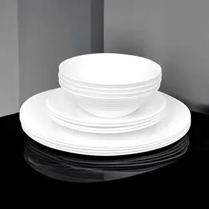 Queensway Home & Dining 26cm Diameter 12 Pcs White Opal Glass Vienna Ribbed Dinner Plates Soup Bowls Dinnerware Set