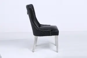 A Pair Black Leather Aire High Tuffted Ring Knocker Back Dining Chairs with Solid Chrome Legs