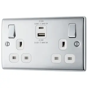 BG Polished Chrome Double 13A 22W Raised slim Switched Screwed Socket with USB, x2 & White inserts