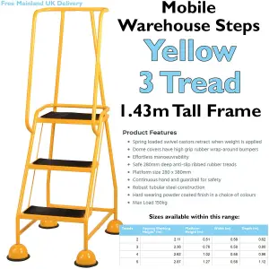 3 Tread Mobile Warehouse Steps YELLOW 1.43m Portable Safety Ladder & Wheels