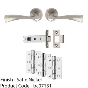 Premium Door Handle & Latch Pack - Satin Nickel Curved Flair Lever Round Rose