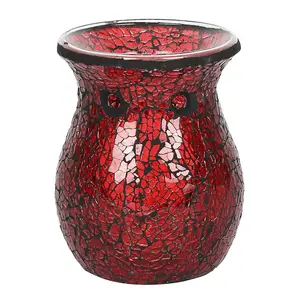 Red Glass Flared Oil, Wax Melt Burner. Mirrored Crackle Effect. H14 cm