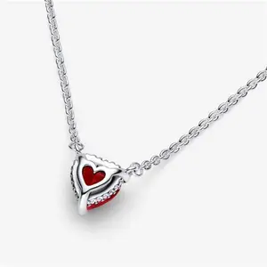 Pandora Sparkling Heart Halo Pendant Collier Necklace - Sterling Silver / Mixed Stone / Red - Sz. 45 cm