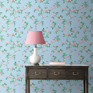 Cath Kidston Blue & Pink Floral Pearl effect Embossed Wallpaper