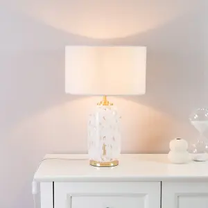 ValueLights India Gold Metal and White Confetti Glass Table Lamp with Natural Drum Lampshade - LED Bulb Included