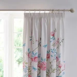 Amelle Blue Floral Print Pair of Pencil Pleat Curtains With Tie-Backs