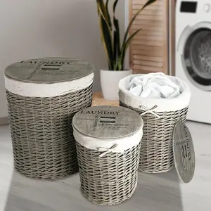 Set Of 3 Laundry Wicker Baskets With Lids Hamper Washing Bin Clothes Storage Bedroom Multi Usage Includes Lids & Liner