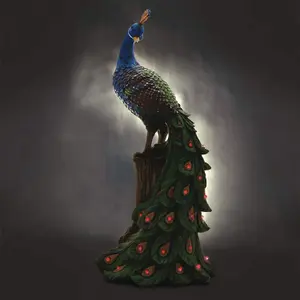 Solar Peacock Ornament - Weatherproof Polyresin Outdoor Garden Decoration with Red LED Lights - H48cm x W21cm x D18cm