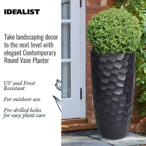 Set of 2 IDEALIST Tall Planter, Mosaic Black Reinforced Stone Round Planters, Outdoor Plant Pots: D31 H61 cm + D41 H77 cm