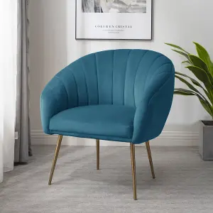 Helena 74cm wide Teal Shell Back Velvet Fabric Accent Chair with Brass Coloured Steel Legs