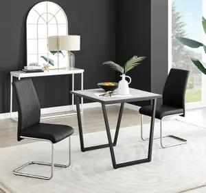 Furniturebox UK Carson White Marble Effect Square Dining Table & 2 Black Lorenzo Chairs