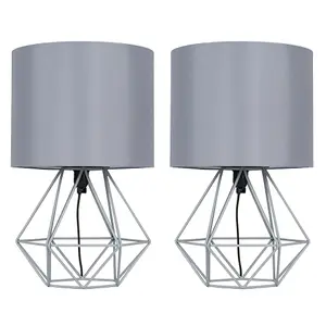 ValueLights Angus Pair of Modern Grey Metal Basket Cage Bed Side Table Lamps with Grey Fabric Shade and LED Bulb