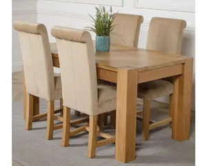 Kuba 150 x 85 cm Chunky Medium Oak Dining Table and 4 Chairs Dining Set with Washington Beige Fabric Chairs