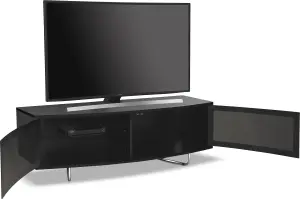 Centurion Supports Caru Gloss Black Beam-Thru Remote Friendly "D" Shape Design up to 65" TV Cabinet