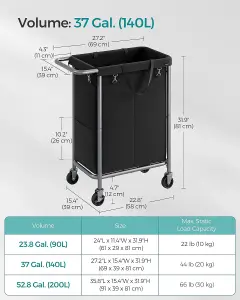 SONGMICS Laundry Cart with Wheels, Dual-Section Laundry Bin, Large Capacity, Detachable Liner, Spacious, Ink Black