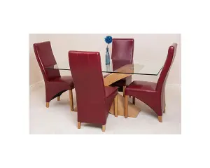 Valencia 160 cm x 90 cm Glass Dining Table and 4 Chairs Dining Set with Lola Burgundy Leather Chairs