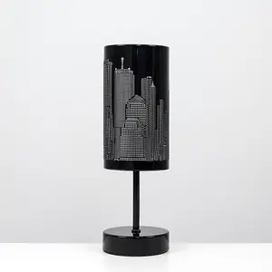 ValueLights Modern Gloss Black Touch Table Lamp With New York Skyline Shade