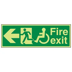 Wheel Chair Fire Exit LEFT Text Sign - Glow in Dark - 450x150mm (x3)