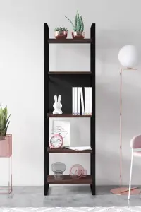 Meta Narrow Bookcase Storage Shelf with Metal Frame, 48 x 35 x 165 cm 5 Display Shelves, Bookshelf, Open Cabinet, Walnut