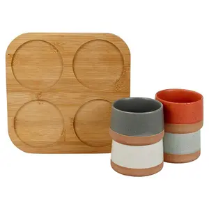 URBNLIVING 5 Pc Stoneware Serving Condiment Sets Snack Dishes Bamboo Board Platter