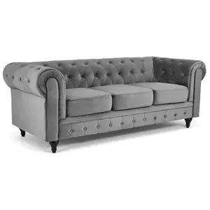 Velvet Chesterfield 3 Seater Sofa - Grey