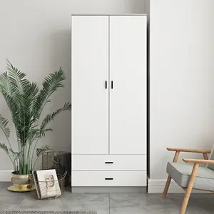 URBNLIVING 180cm Tall Wooden 2 Door Wardrobe Grey Carcass and White Drawers With 2 Drawers Bedroom Storage Hanging Bar Clothes