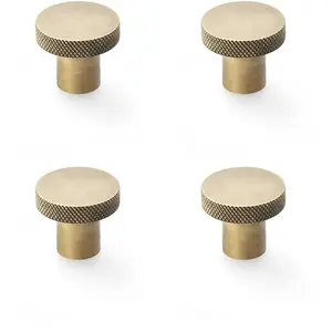 4 PACK - Knurled Round Radio Cupboard Door Knob - 30mm Diameter Antique Brass Pull Handle