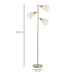 HOMCOM Industrial Steel Birdcage Floor Lamp w/ 3 Lights Round Base Switch Gold