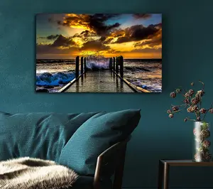 Waves Crashing On The Pier At Sunset Canvas Print Wall Art - Medium 20 x 32 Inches