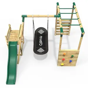 Rebo Wooden Children's Swing Set with Monkey Bars plus Deck & 6ft Slide - Single Boat Swing - Green