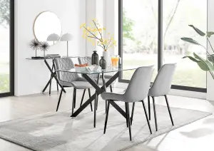 Furniturebox Leonardo 4 Seater Rectangular Glass Dining Table with Silver Metal Legs & 4 Grey Pesaro Velvet Black Leg Chairs