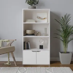 URBNLIVING Height 118Cm 4 Tier Wooden Bookcase Cupboard with Doors Storage Shelving Display Colour White Door White Cabinet Unit