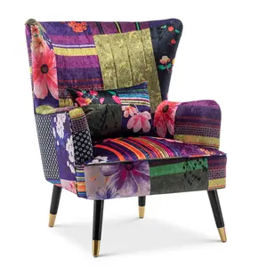 Fabric Patchwork Victoria Accent Wingback Chair with Footstool