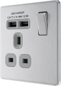 BG Electrical FBS21U2G Nexus Screwless Flat-Plate Single Switched Plug Socket Brushed Steel Grey Insert 2 USB 2.1A