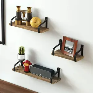 3Pcs Rustic Floating Storage Shelves Metal Wood Wall Shelf Set Display Rack Brackets